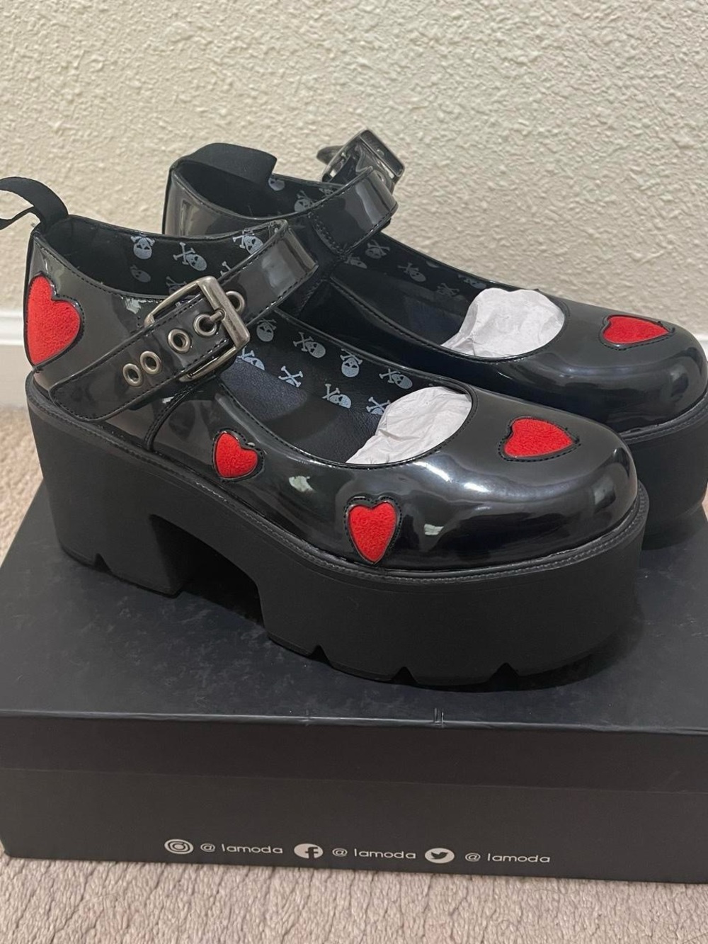 Black Patent Platform Mary Janes with Red Heart Accents